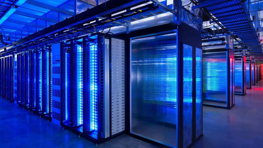 Rows of servers in a modern data center powering enterprise AI